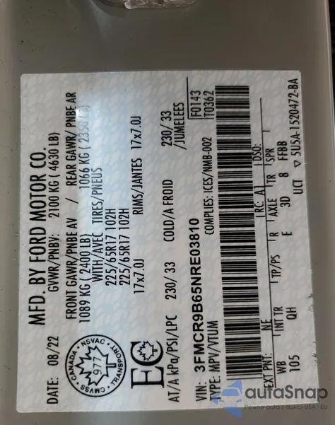 2022 Ford Bronco Sport Big Bend from USA, damaged, VIN 3FMCR9B65NRE03810